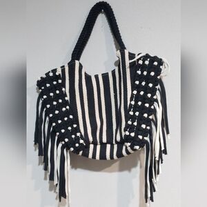 No Boundaries Black & White Cotton Woven Tote w/ Fringe Accent & Rope Straps